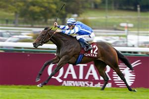 PARIS, FRANCE - OCTOBER 02: Aurélien Lemaitre riding Blue Rose Sen win The Qatar Prix Marcel Boussac - Criterium des Pouliches at Hippodrome de ParisLongchamp on October 02, 2022 in Paris, France. (Photo by Alan Crowhurst/Getty Images)