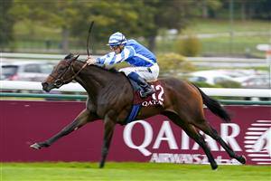 PARIS, FRANCE - OCTOBER 02: Aurélien Lemaitre riding Blue Rose Sen win The Qatar Prix Marcel Boussac - Criterium des Pouliches at Hippodrome de ParisLongchamp on October 02, 2022 in Paris, France. (Photo by Alan Crowhurst/Getty Images)