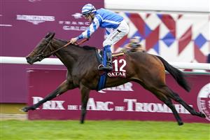 PARIS, FRANCE - OCTOBER 02: Aurélien Lemaitre riding Blue Rose Sen win The Qatar Prix Marcel Boussac - Criterium des Pouliches at Hippodrome de ParisLongchamp on October 02, 2022 in Paris, France. (Photo by Alan Crowhurst/Getty Images)
