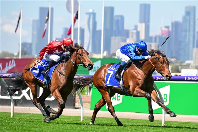 MELBOURNE, AUSTRALIA - OCTOBER 01: Ben Melham riding Zulfiqar defeats Blake Shinn riding Aditi in Race 1, the Darley Maribyrnong Trial Stakes, during Turnbull Stakes Day at Flemington Racecourse on October 01, 2022 in Melbourne, Australia. (Photo by Vince Caligiuri/Getty Images)