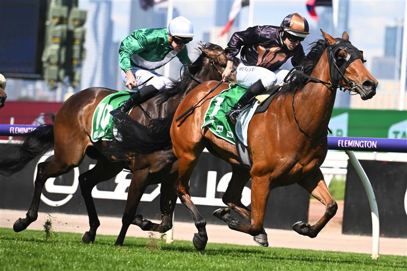 MELBOURNE, AUSTRALIA - OCTOBER 01: Damian Lane riding She's Licketysplit to win race 3, the TAB Edward Manifold Stakes, during Turnbull Stakes Day at Flemington Racecourse on October 01, 2022 in Melbourne, Australia. (Getty)