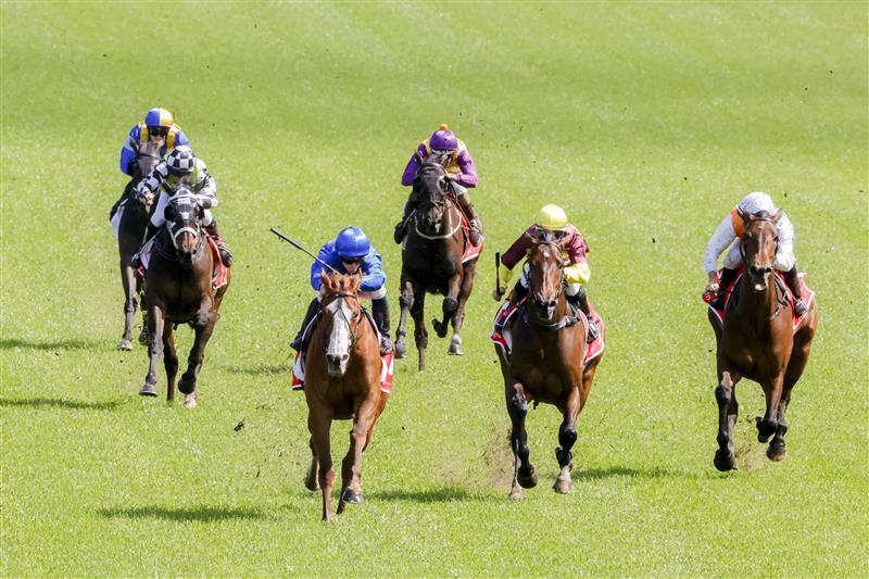 SYDNEY, AUSTRALIA - OCTOBER 01: James McDonald (all blue) on Cascadian wins race 4 the Fujitsu General Hill Stakes during Sydney Racing at Royal Randwick Racecourse on October 01, 2022 in Sydney, Australia. (Photo by Jenny Evans/Getty Images)