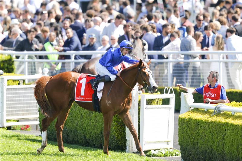SYDNEY, AUSTRALIA - OCTOBER 01: James McDonald on Cascadian returns to scale after winning race 4 the Fujitsu General Hill Stakes during Sydney Racing at Royal Randwick Racecourse on October 01, 2022 in Sydney, Australia. (Photo by Jenny Evans/Getty Images)