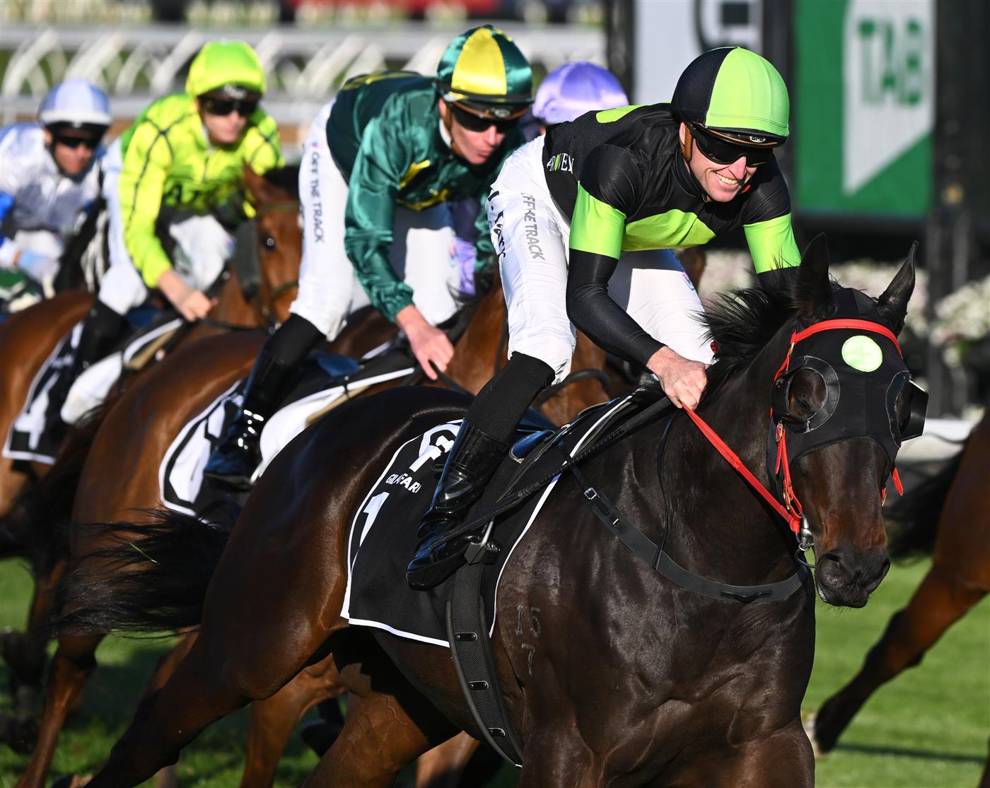 MELBOURNE, AUSTRALIA - OCTOBER 01: Joshua Parr riding Private Eye winning Race 8, the Gilgai Stakes , during Turnbull Stakes Day at Flemington Racecourse on October 01, 2022 in Melbourne, Australia. (Photo by Vince Caligiuri/Getty Images)