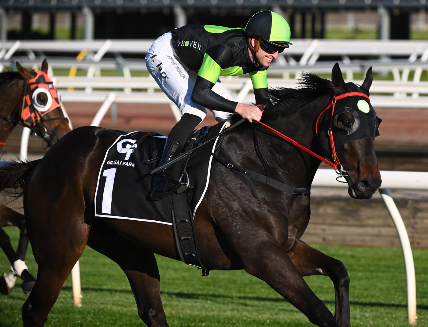 MELBOURNE, AUSTRALIA - OCTOBER 01: Joshua Parr riding Private Eye winning Race 8, the Gilgai Stakes , during Turnbull Stakes Day at Flemington Racecourse on October 01, 2022 in Melbourne, Australia. (Photo by Vince Caligiuri/Getty Images)