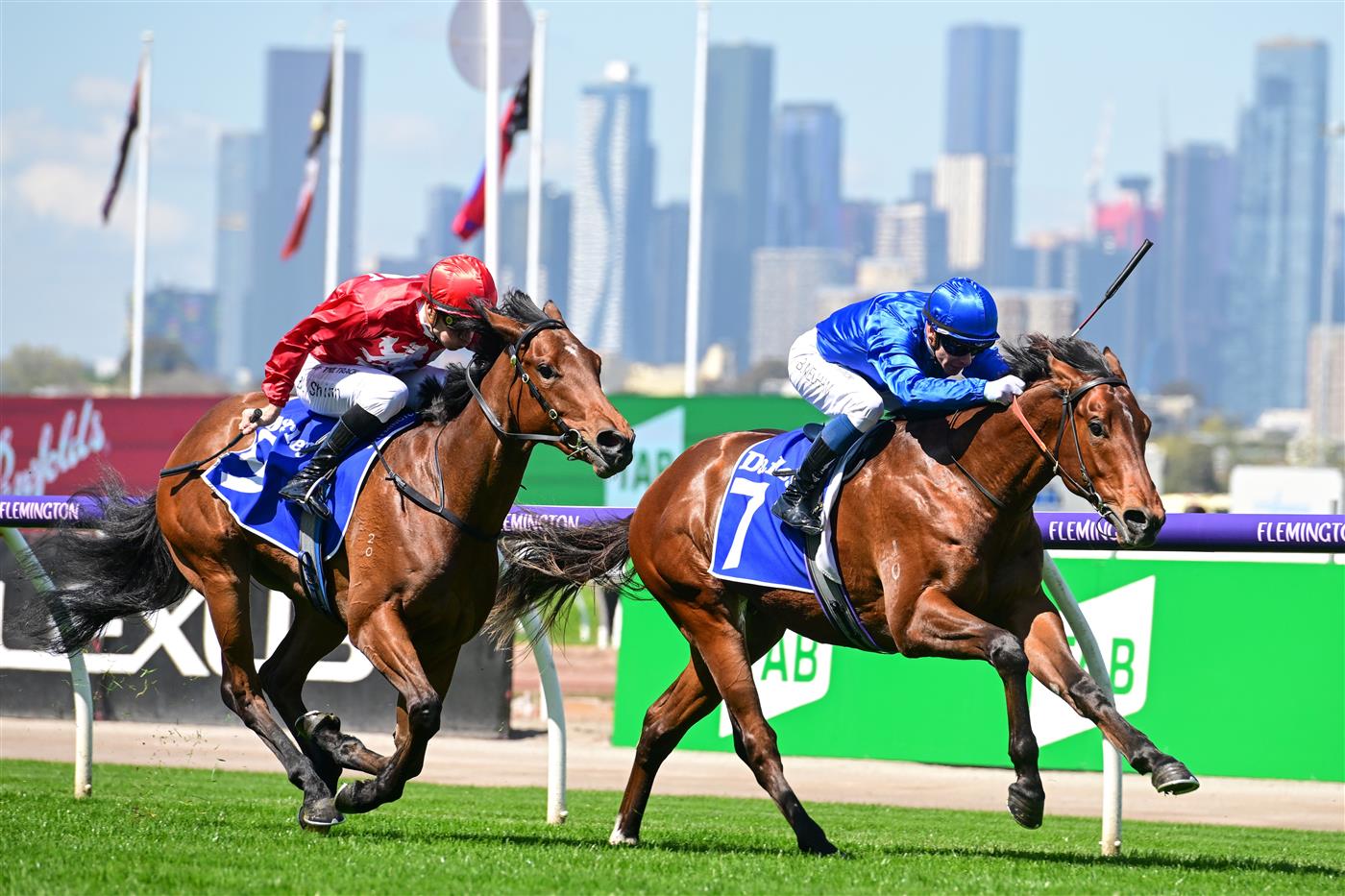 MELBOURNE, AUSTRALIA - OCTOBER 01: Ben Melham riding Zulfiqar defeats Blake Shinn riding Aditi in Race 1, the Darley Maribyrnong Trial Stakes, during Turnbull Stakes Day at Flemington Racecourse on October 01, 2022 in Melbourne, Australia. (Photo by Vince Caligiuri/Getty Images)