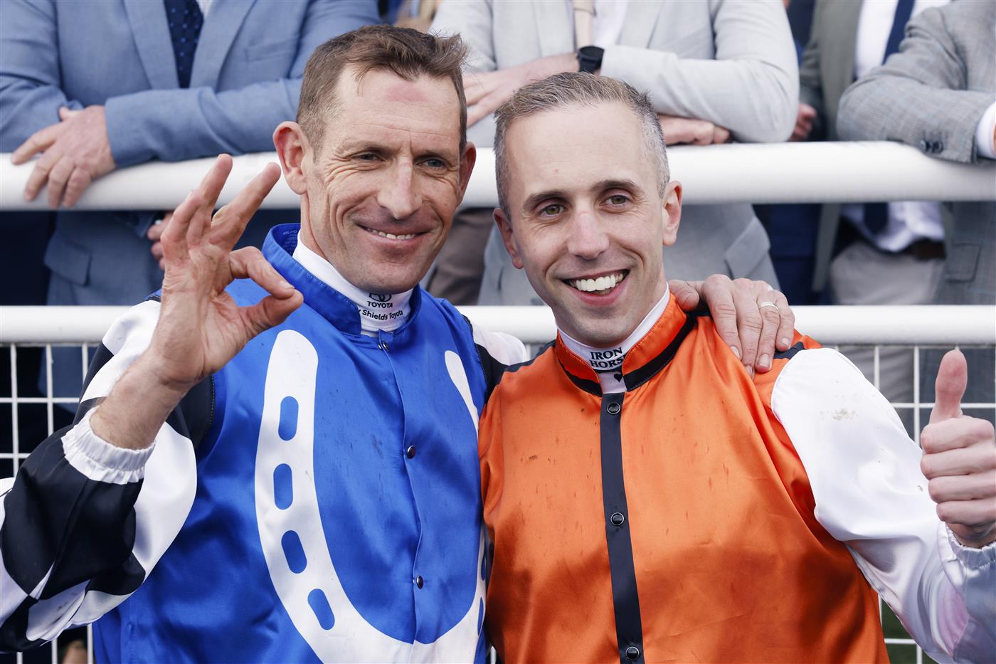SYDNEY, AUSTRALIA - OCTOBER 01: Brenton Avdulla and Hugh Bowman pose for photos after finishing in a dead heat on Ellsberg and Top Ranked  in race 8 the TAB Epsom during Sydney Racing at Royal Randwick Racecourse on October 01, 2022 in Sydney, Australia. (Photo by Mark Evans/Getty Images)