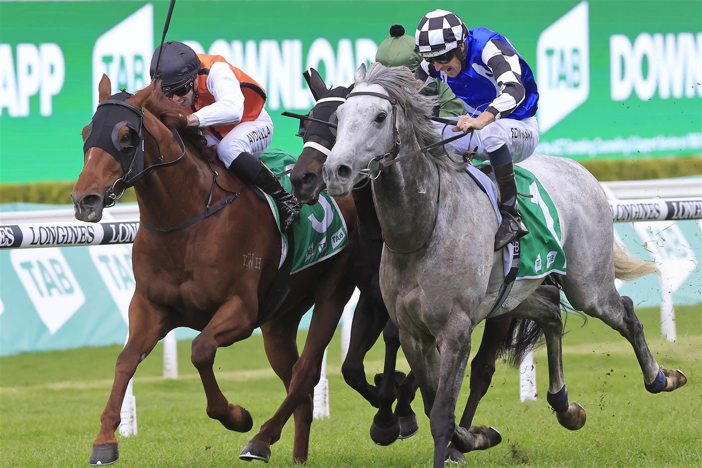 SYDNEY, AUSTRALIA - OCTOBER 01: Brenton Avdulla on Ellsberg and Hugh Bowman on Top Ranked finish in a dead heat in race 8 the TAB Epsom during Sydney Racing at Royal Randwick Racecourse on October 01, 2022 in Sydney, Australia. (Photo by Mark Evans/Getty Images)