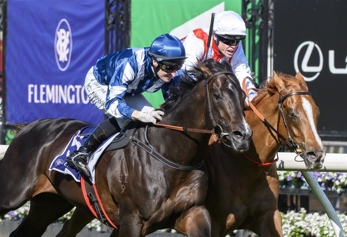 MELBOURNE, AUSTRALIA - OCTOBER 01: Craig Williams riding Giga Kick (r) winning Race 5, the Hq Tavern Danehill Stakes, during Turnbull Stakes Day at Flemington Racecourse on October 01, 2022 in Melbourne, Australia. (Photo by Vince Caligiuri/Getty Images)