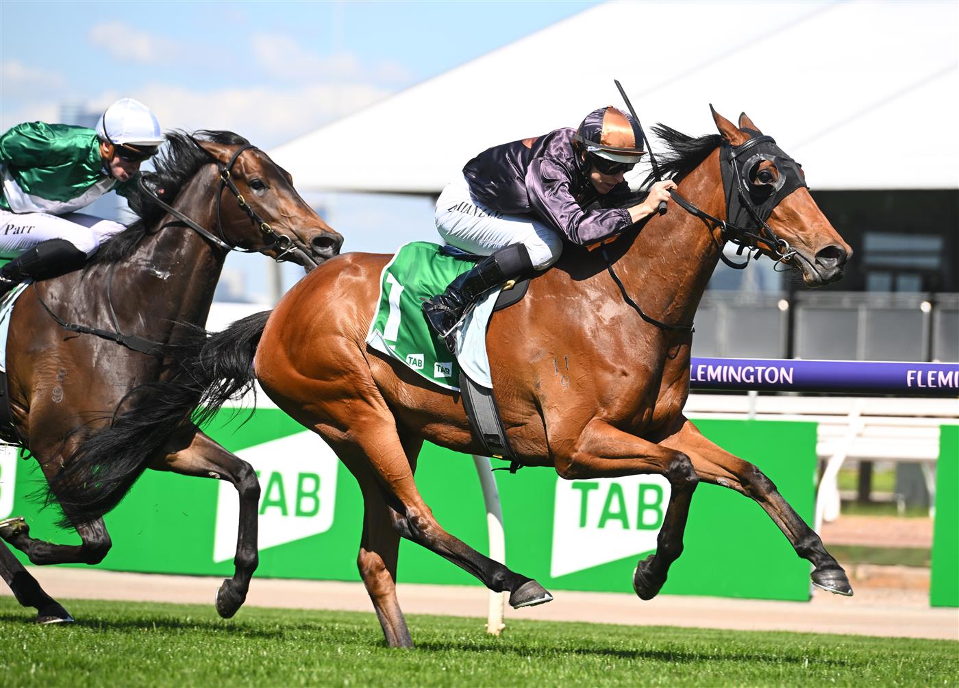 MELBOURNE, AUSTRALIA - OCTOBER 01: Damian Lane riding She's Licketysplit to win race 3, the TAB Edward Manifold Stakes, during Turnbull Stakes Day at Flemington Racecourse on October 01, 2022 in Melbourne, Australia. (Getty)