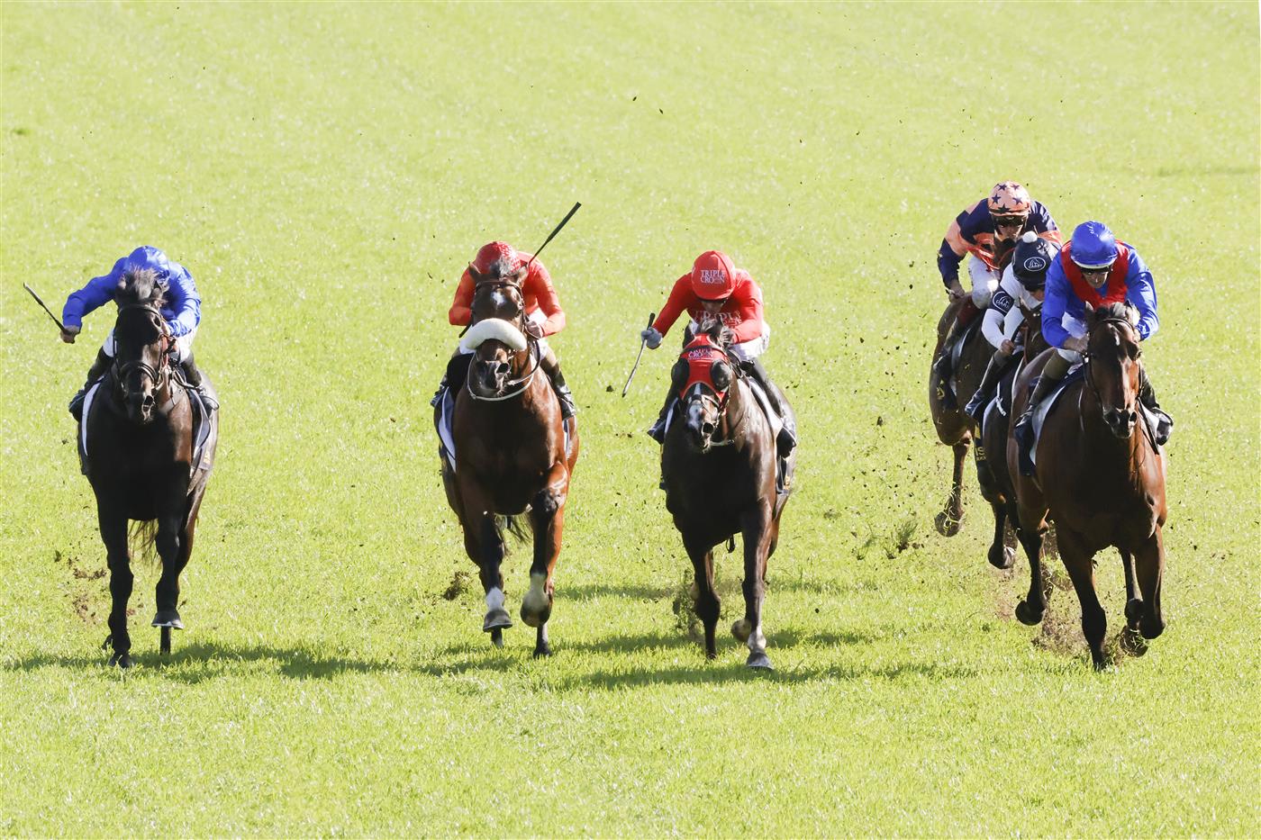 SYDNEY, AUSTRALIA - OCTOBER 01: Hugh Bowman (R) on Lost And Running wins race 7 the Bisley Workwear Premiere Stakes during Sydney Racing at Royal Randwick Racecourse on October 01, 2022 in Sydney, Australia. (Photo by Jenny Evans/Getty Images)
