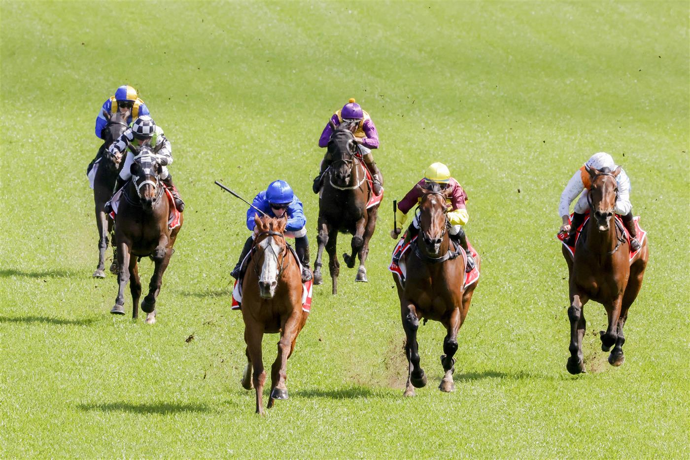 SYDNEY, AUSTRALIA - OCTOBER 01: James McDonald (all blue) on Cascadian wins race 4 the Fujitsu General Hill Stakes during Sydney Racing at Royal Randwick Racecourse on October 01, 2022 in Sydney, Australia. (Photo by Jenny Evans/Getty Images)