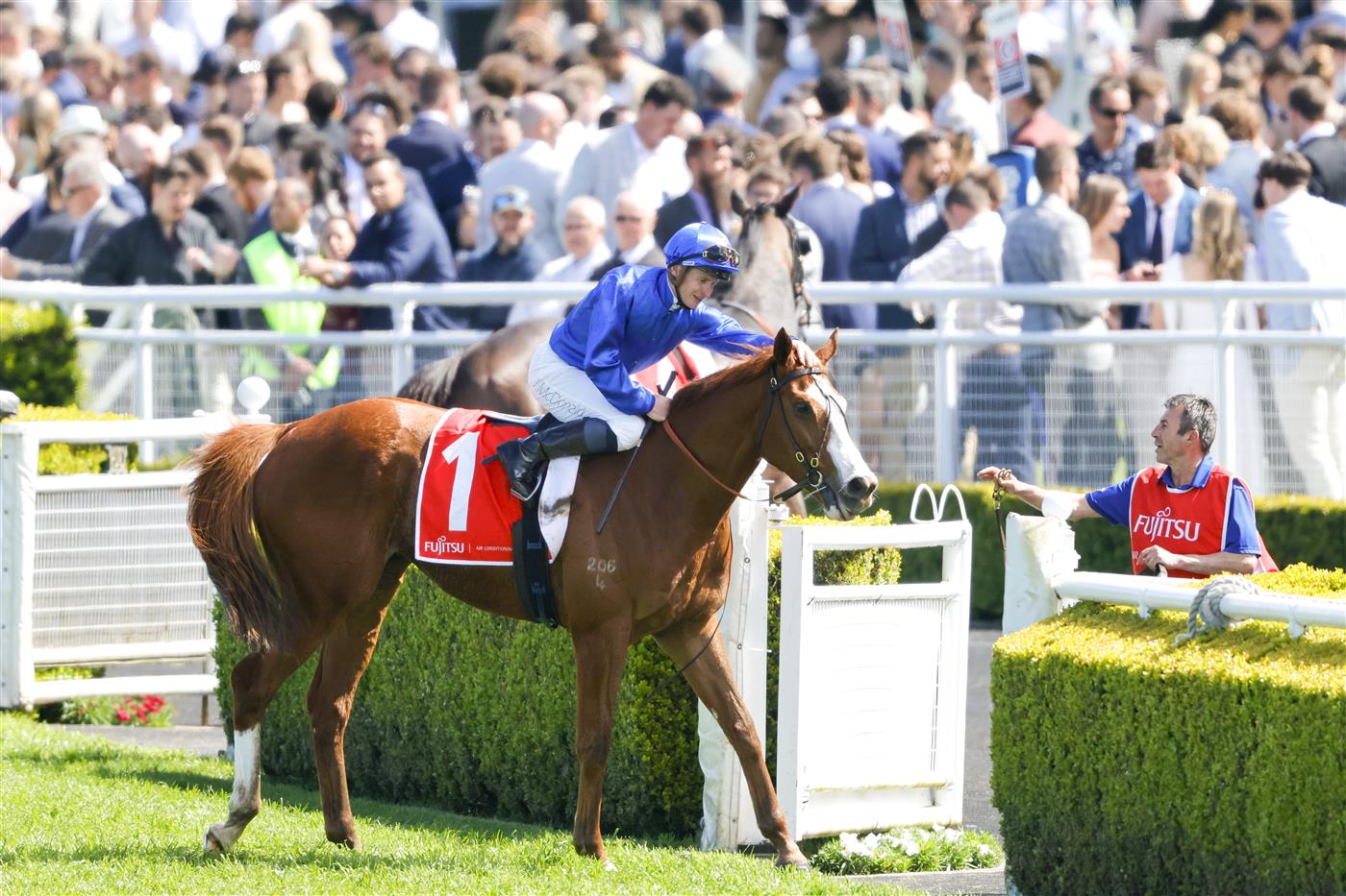 SYDNEY, AUSTRALIA - OCTOBER 01: James McDonald on Cascadian returns to scale after winning race 4 the Fujitsu General Hill Stakes during Sydney Racing at Royal Randwick Racecourse on October 01, 2022 in Sydney, Australia. (Photo by Jenny Evans/Getty Images)