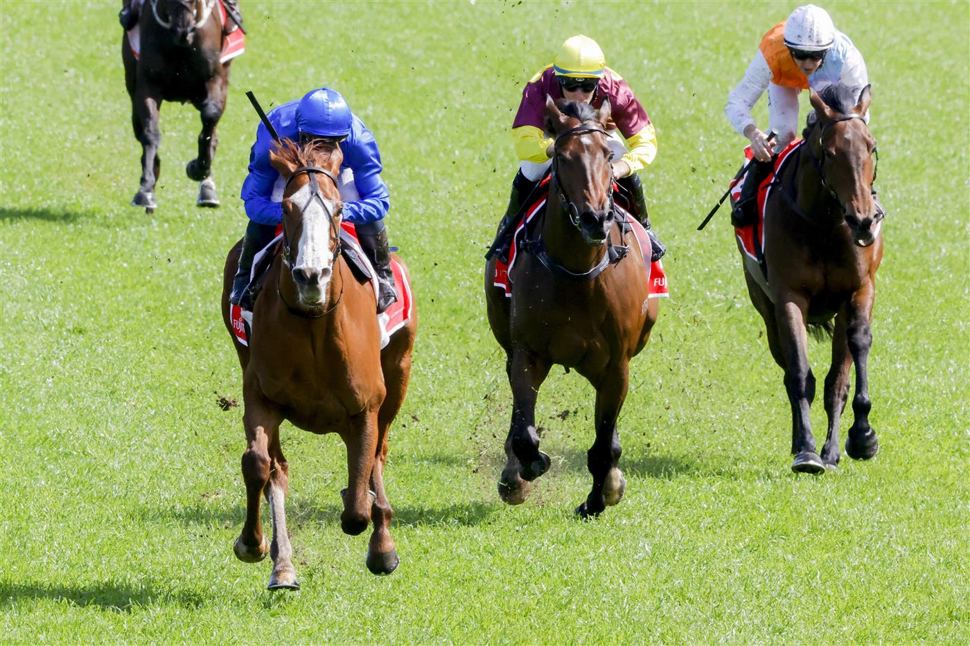 SYDNEY, AUSTRALIA - OCTOBER 01: James McDonald (all blue) on Cascadian wins race 4 the Fujitsu General Hill Stakes during Sydney Racing at Royal Randwick Racecourse on October 01, 2022 in Sydney, Australia. (Photo by Jenny Evans/Getty Images)
