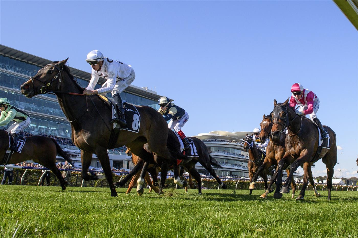 MELBOURNE, AUSTRALIA - OCTOBER 01: Michael Dee riding Lunar Flare winning Race 6, the The Lexus Bart Cummings, during Turnbull Stakes Day at Flemington Racecourse on October 01, 2022 in Melbourne, Australia. (Photo by Vince Caligiuri/Getty Images)