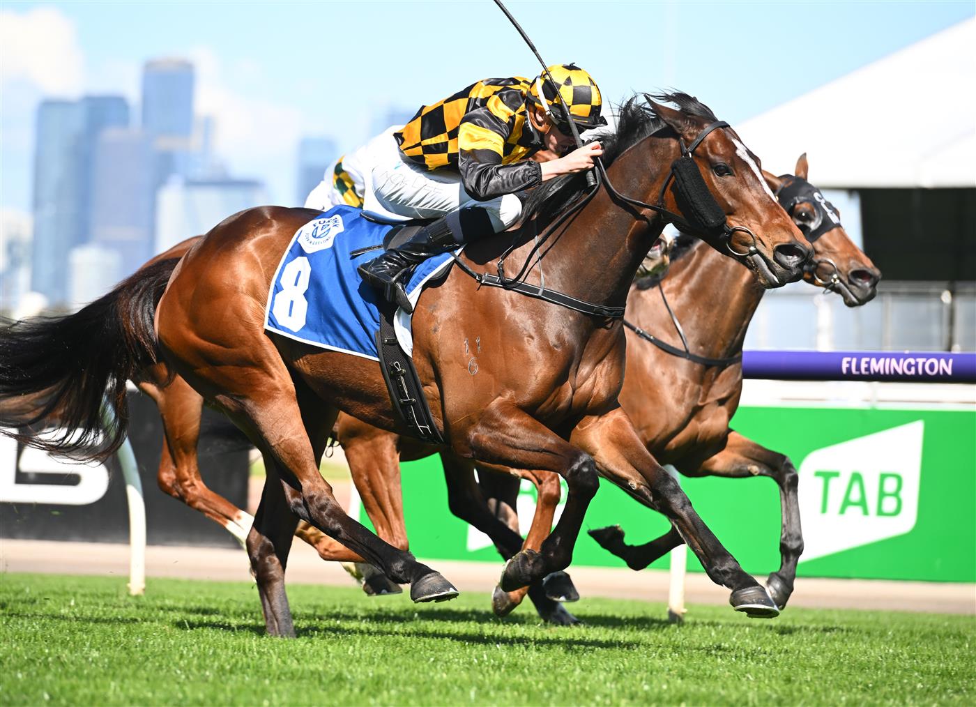 MELBOURNE, AUSTRALIA - OCTOBER 01: Michael Dee riding Excelida winning Race 4, the Furphy Rose Of Kingston Stakes, during Turnbull Stakes Day at Flemington Racecourse on October 01, 2022 in Melbourne, Australia. (Photo by Vince Caligiuri/Getty Images)