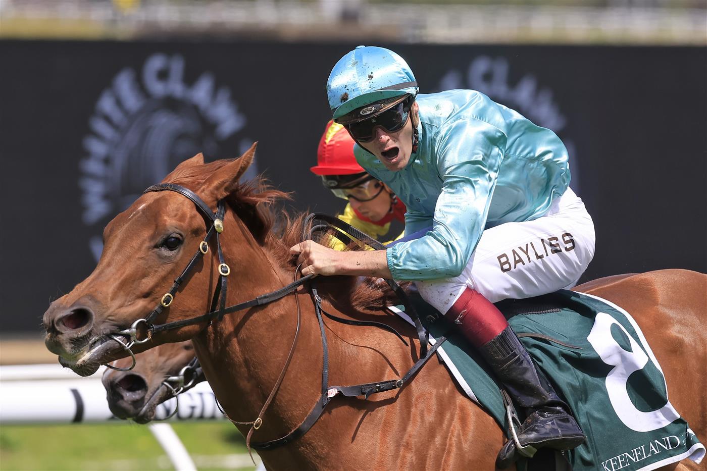 SYDNEY, AUSTRALIA - OCTOBER 01: Regan Bayliss on Platinum Jubilee wins race 2 the Keeneland Gimcrack Stakes during Sydney Racing at Royal Randwick Racecourse on October 01, 2022 in Sydney, Australia. (Photo by Mark Evans/Getty Images)