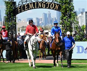 MELBOURNE, AUSTRALIA - OCTOBER 01: Ben Melham riding Zulfiqar afterwinning Race 1, the Darley Maribyrnong Trial Stakes, during Turnbull Stakes Day at Flemington Racecourse on October 01, 2022 in Melbourne, Australia. (Photo by Vince Caligiuri/Getty Images)