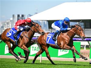 MELBOURNE, AUSTRALIA - OCTOBER 01: Ben Melham riding Zulfiqar defeats Blake Shinn riding Aditi i Race 1, the Darley Maribyrnong Trial Stakes, during Turnbull Stakes Day at Flemington Racecourse on October 01, 2022 in Melbourne, Australia. (Photo by Vince Caligiuri/Getty Images)