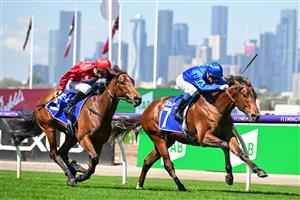 MELBOURNE, AUSTRALIA - OCTOBER 01: Ben Melham riding Zulfiqar defeats Blake Shinn riding Aditi in Race 1, the Darley Maribyrnong Trial Stakes, during Turnbull Stakes Day at Flemington Racecourse on October 01, 2022 in Melbourne, Australia. (Photo by Vince Caligiuri/Getty Images)