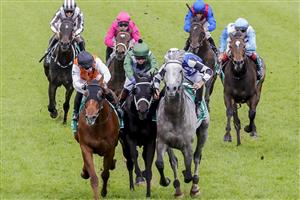 SYDNEY, AUSTRALIA - OCTOBER 01: Hugh Bowman on Top Ranked (grey horse) and Brenton Avdulla (orange) on Ellsberg are declared a dead heat in race 8 the Tab Epsom during Sydney Racing at Royal Randwick Racecourse on October 01, 2022 in Sydney, Australia. (Photo by Jenny Evans/Getty Images)