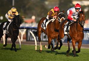 MELBOURNE, AUSTRALIA - OCTOBER 01: Damian Lane riding Mr Maestro winning Race 9, the Abc Bullion Super Impose Stakes, during Turnbull Stakes Day at Flemington Racecourse on October 01, 2022 in Melbourne, Australia. (Photo by Vince Caligiuri/Getty Images)