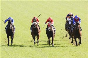 SYDNEY, AUSTRALIA - OCTOBER 01: Hugh Bowman (R) on Lost And Running wins race 7 the Bisley Workwear Premiere Stakes during Sydney Racing at Royal Randwick Racecourse on October 01, 2022 in Sydney, Australia. (Photo by Jenny Evans/Getty Images)