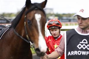 SYDNEY, AUSTRALIA - OCTOBER 01: James McDonald on Empire of Japan returns to scale after winning race 1 the Arrowfield Breeders’ Plate during Sydney Racing at Royal Randwick Racecourse on October 01, 2022 in Sydney, Australia. (Photo by Mark Evans/Getty Images)