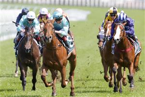 SYDNEY, AUSTRALIA - OCTOBER 01: Regan Bayliss on Platinum Jubilee (number 8) wins race 2 the Keeneland Gimcrack Stakes during Sydney Racing at Royal Randwick Racecourse on October 01, 2022 in Sydney, Australia. (Photo by Jenny Evans/Getty Images)