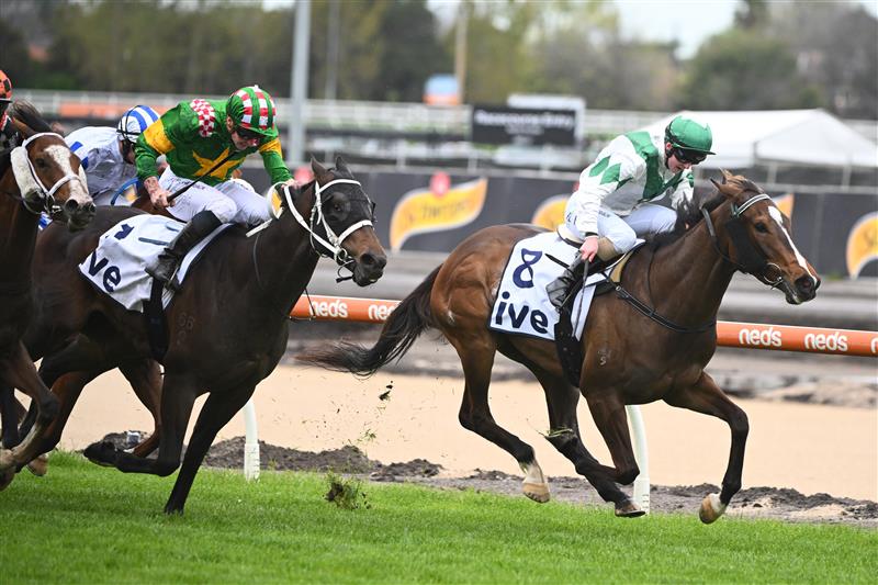 MELBOURNE, AUSTRALIA - OCTOBER 12: Alana Kelly riding Zoe's Promise to win Race 1, the IVE > Handicap during Caulfield Thousand Guineas Day at Caulfield Racecourse on October 12, 2022 in Melbourne, Australia. (Getty)