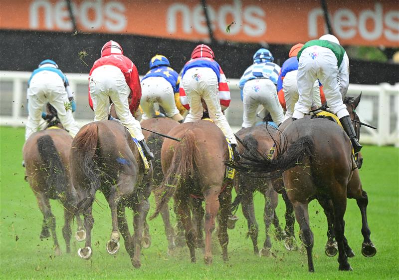 MELBOURNE, AUSTRALIA - OCTOBER 12: General view of wet conditions in Race 5, the Spicer Thoroughbreds Grassroots Gallop, during Caulfield Thousand Guineas Day at Caulfield Racecourse on October 12, 2022 in Melbourne, Australia. (Photo by Vince Caligiuri/Getty Images)