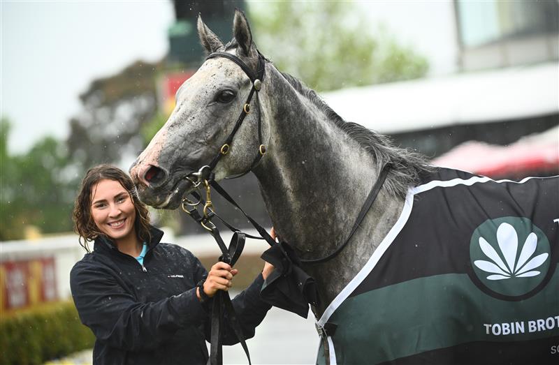 MELBOURNE, AUSTRALIA - OCTOBER 12: White Marlin after winning Race 4, the Tobin Brothers Celebrating Lives,  during Caulfield Thousand Guineas Day at Caulfield Racecourse on October 12, 2022 in Melbourne, Australia. (Photo by Vince Caligiuri/Getty Images)