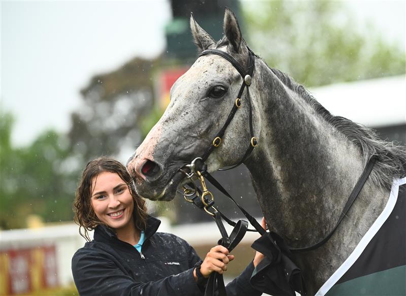 MELBOURNE, AUSTRALIA - OCTOBER 12: White Marlin after winning Race 4, the Tobin Brothers Celebrating Lives,  during Caulfield Thousand Guineas Day at Caulfield Racecourse on October 12, 2022 in Melbourne, Australia. (Photo by Vince Caligiuri/Getty Images)