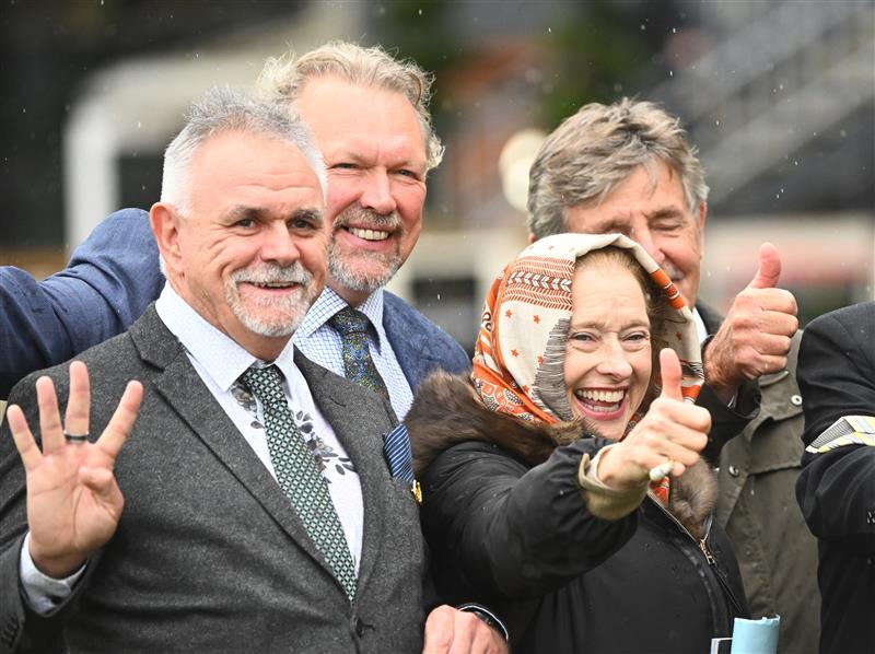 MELBOURNE, AUSTRALIA - OCTOBER 12: Trainer Gai Waterhouse celebrates with connections after White Marlin won Race 4, the Tobin Brothers Celebrating Lives,  during Caulfield Thousand Guineas Day at Caulfield Racecourse on October 12, 2022 in Melbourne, Australia. (Photo by Vince Caligiuri/Getty Images)
