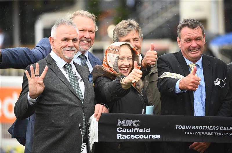 MELBOURNE, AUSTRALIA - OCTOBER 12: Trainer Gai Waterhouse celebrates with connections after White Marlin won Race 4, the Tobin Brothers Celebrating Lives,  during Caulfield Thousand Guineas Day at Caulfield Racecourse on October 12, 2022 in Melbourne, Australia. (Photo by Vince Caligiuri/Getty Images)