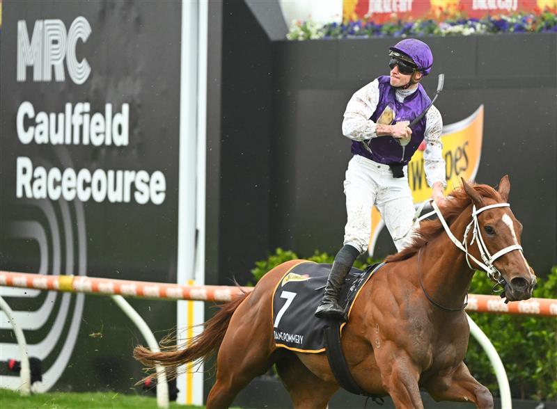 MELBOURNE, AUSTRALIA - OCTOBER 12: James McDonald riding Madame Pommery winning Race 8, the Schweppes Thousand Guineas, during Caulfield Thousand Guineas Day at Caulfield Racecourse on October 12, 2022 in Melbourne, Australia. (Photo by Vince Caligiuri/Getty Images)