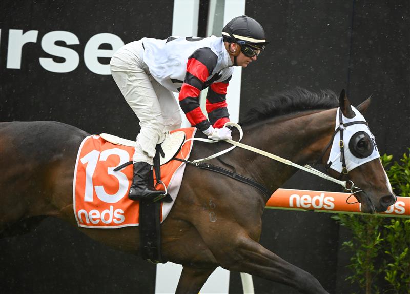 MELBOURNE, AUSTRALIA - OCTOBER 12: Jamie Kah riding Gunstock winning Race 3, the Neds Coongy Cup, during Caulfield Thousand Guineas Day at Caulfield Racecourse on October 12, 2022 in Melbourne, Australia. (Photo by Vince Caligiuri/Getty Images)