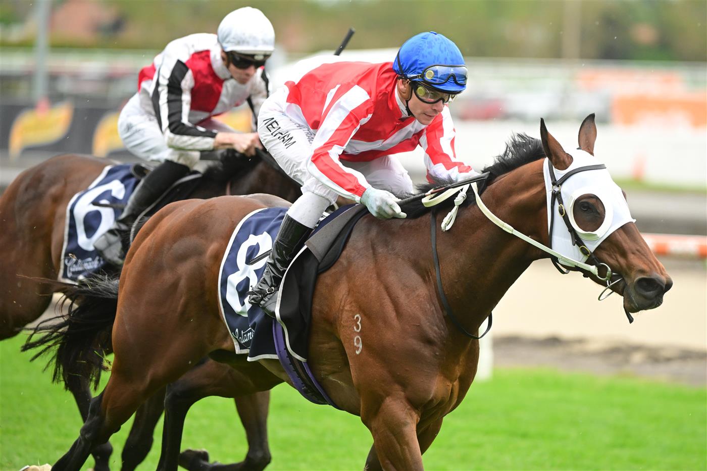 MELBOURNE, AUSTRALIA - OCTOBER 12: Ben Melham riding Grand Impact winning Race 7, Catanach's Jewellers Blue Sapphire Stakes, during Caulfield Thousand Guineas Day at Caulfield Racecourse on October 12, 2022 in Melbourne, Australia. (Getty)