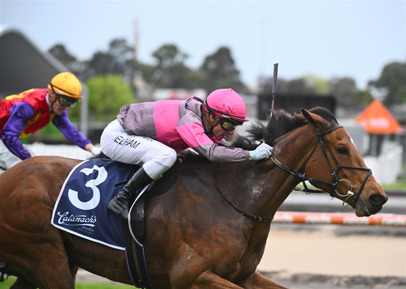 MELBOURNE, AUSTRALIA - OCTOBER 12: Ben Melham riding Sirileo Miss winning Race 9, the Catanach