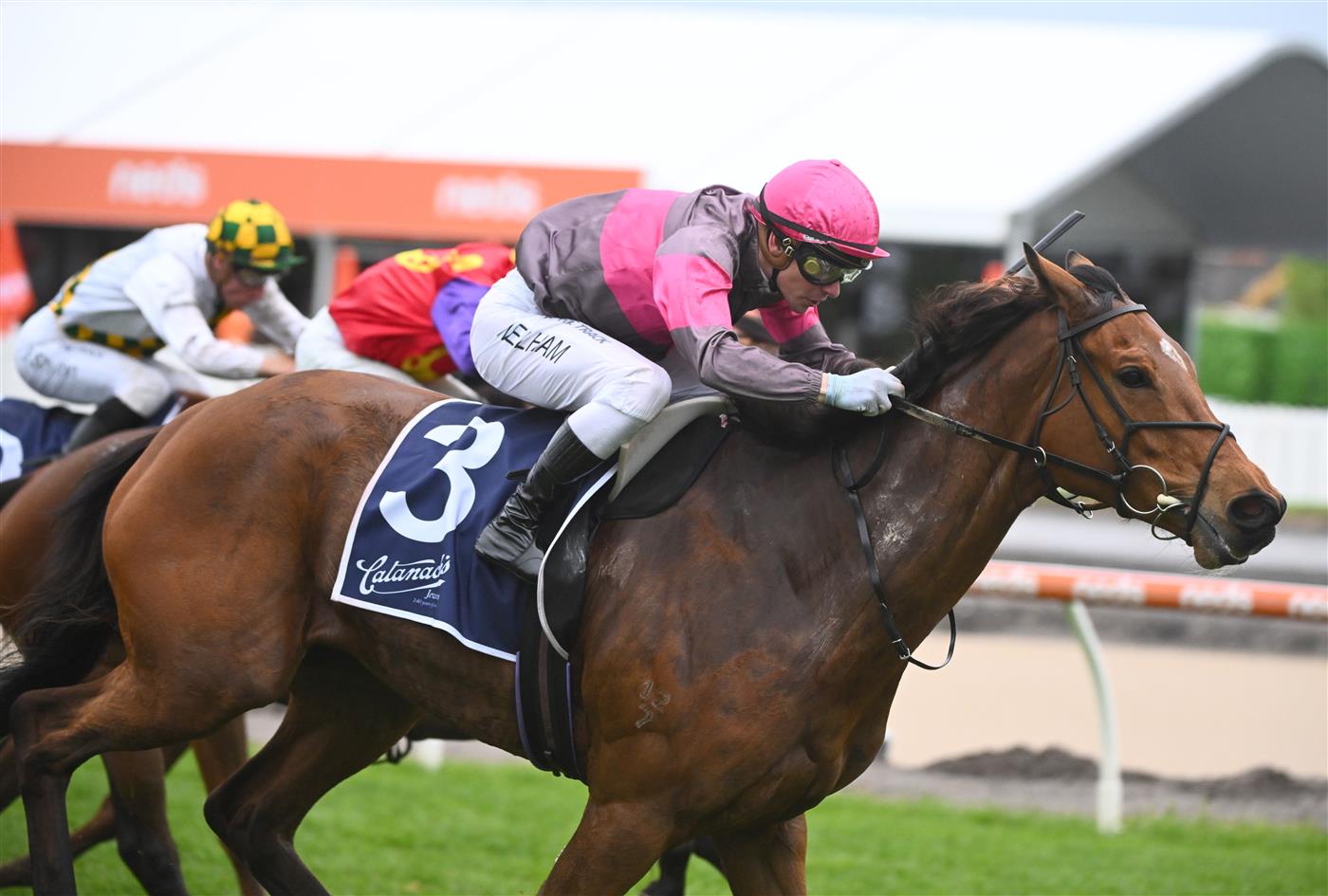 MELBOURNE, AUSTRALIA - OCTOBER 12: Ben Melham riding Sirileo Miss winning Race 9, the Catanach's Jewellers Ladies' Day Vase , during Caulfield Thousand Guineas Day at Caulfield Racecourse on October 12, 2022 in Melbourne, Australia. (Photo by Vince Caligiuri/Getty Images)