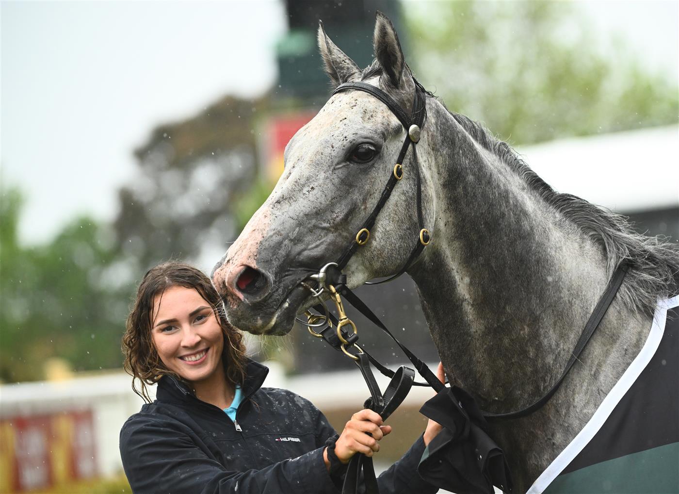 MELBOURNE, AUSTRALIA - OCTOBER 12: White Marlin after winning Race 4, the Tobin Brothers Celebrating Lives,  during Caulfield Thousand Guineas Day at Caulfield Racecourse on October 12, 2022 in Melbourne, Australia. (Photo by Vince Caligiuri/Getty Images)