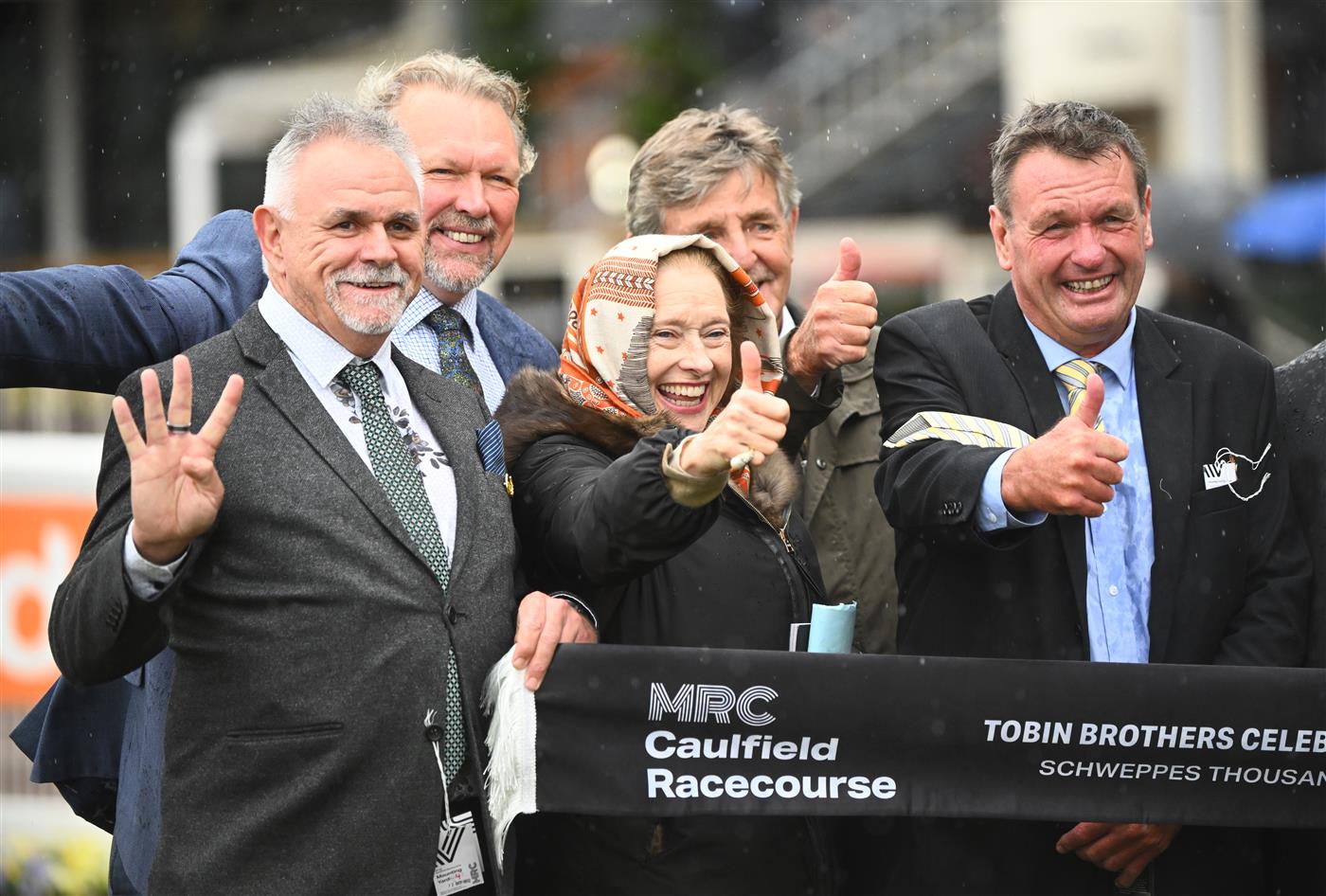 MELBOURNE, AUSTRALIA - OCTOBER 12: Trainer Gai Waterhouse celebrates with connections after White Marlin won Race 4, the Tobin Brothers Celebrating Lives,  during Caulfield Thousand Guineas Day at Caulfield Racecourse on October 12, 2022 in Melbourne, Australia. (Photo by Vince Caligiuri/Getty Images)