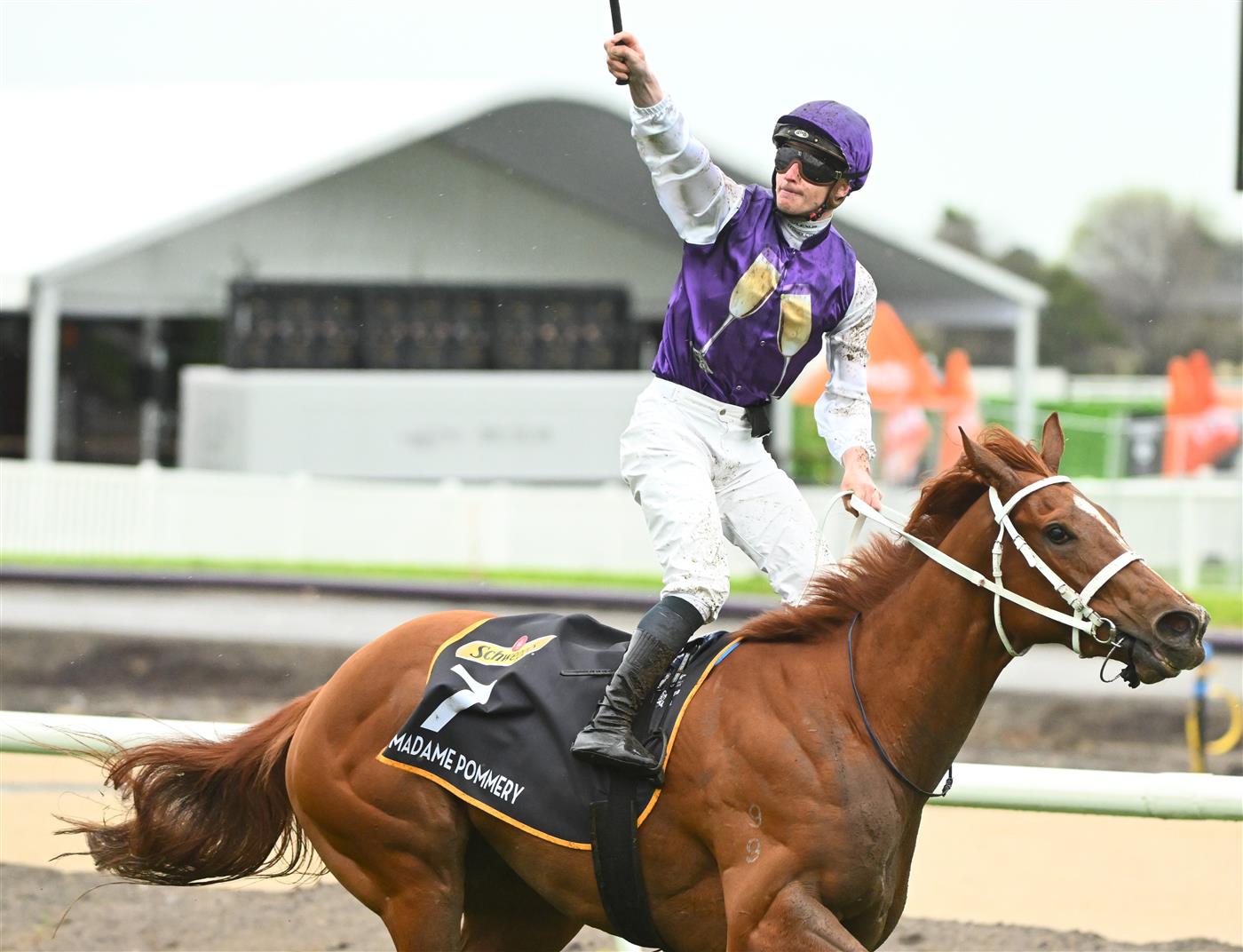 MELBOURNE, AUSTRALIA - OCTOBER 12: James McDonald riding Madame Pommery winning Race 8, the Schweppes Thousand Guineas, during Caulfield Thousand Guineas Day at Caulfield Racecourse on October 12, 2022 in Melbourne, Australia. (Photo by Vince Caligiuri/Getty Images)