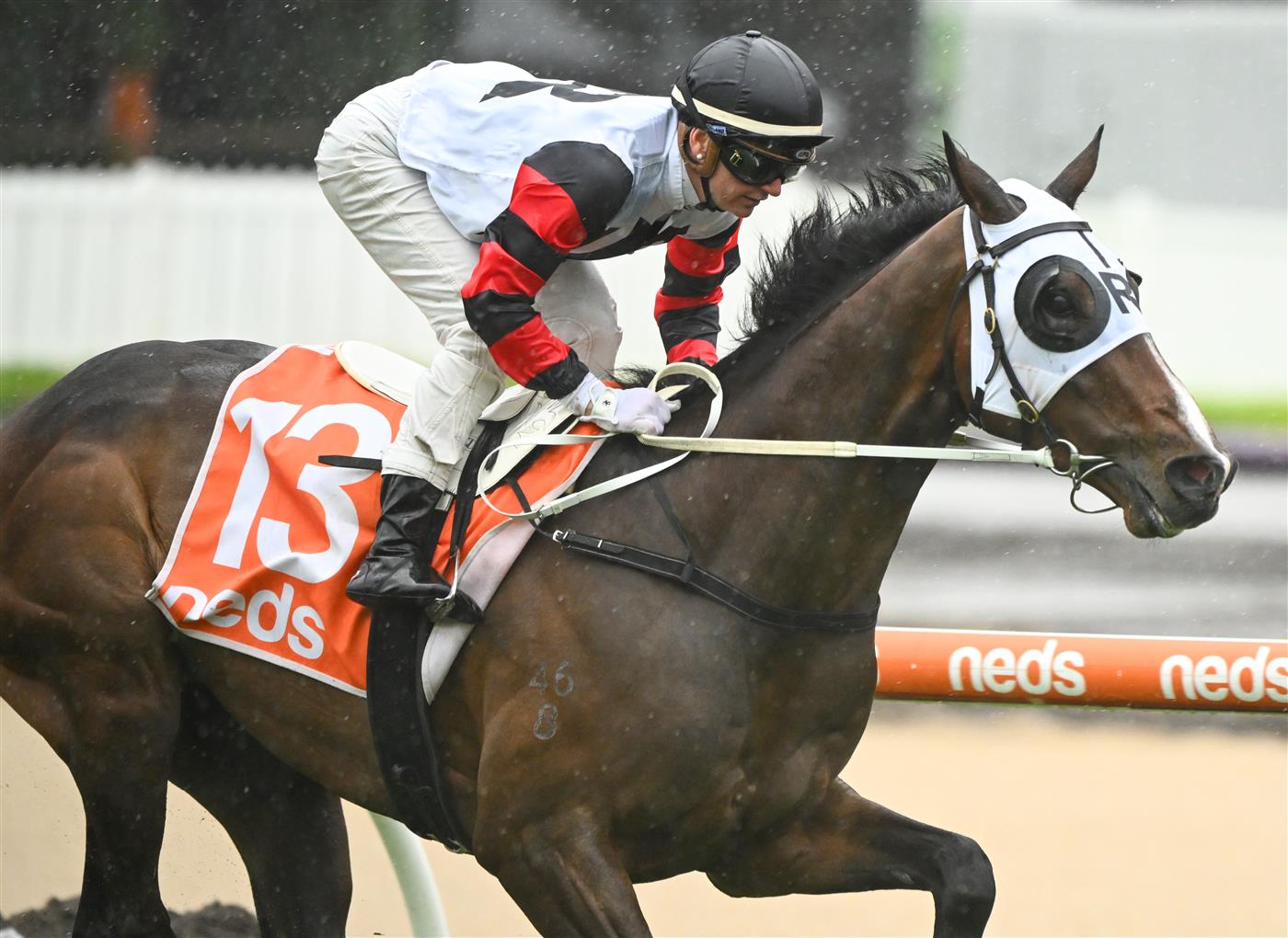 MELBOURNE, AUSTRALIA - OCTOBER 12: Jamie Kah riding Gunstock winning Race 3, the Neds Coongy Cup, during Caulfield Thousand Guineas Day at Caulfield Racecourse on October 12, 2022 in Melbourne, Australia. (Photo by Vince Caligiuri/Getty Images)