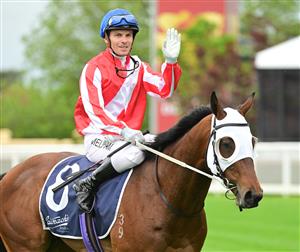 MELBOURNE, AUSTRALIA - OCTOBER 12: Ben Melham riding Grand Impact winning Race 7, Catanach's Jewellers Blue Sapphire Stakes, during Caulfield Thousand Guineas Day at Caulfield Racecourse on October 12, 2022 in Melbourne, Australia. (Getty)