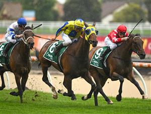 MELBOURNE, AUSTRALIA - OCTOBER 12: Ethan Brown riding Port Phillip (r) defeats Damien Oliver riding Kissinger in Race 2, the Evergreen Turf Handicap, during Caulfield Thousand Guineas Day at Caulfield Racecourse on October 12, 2022 in Melbourne, Australia. (Photo by Vince Caligiuri/Getty Images)