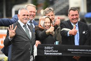 MELBOURNE, AUSTRALIA - OCTOBER 12: Trainer Gai Waterhouse celebrates with connections after White Marlin won Race 4, the Tobin Brothers Celebrating Lives,  during Caulfield Thousand Guineas Day at Caulfield Racecourse on October 12, 2022 in Melbourne, Australia. (Photo by Vince Caligiuri/Getty Images)