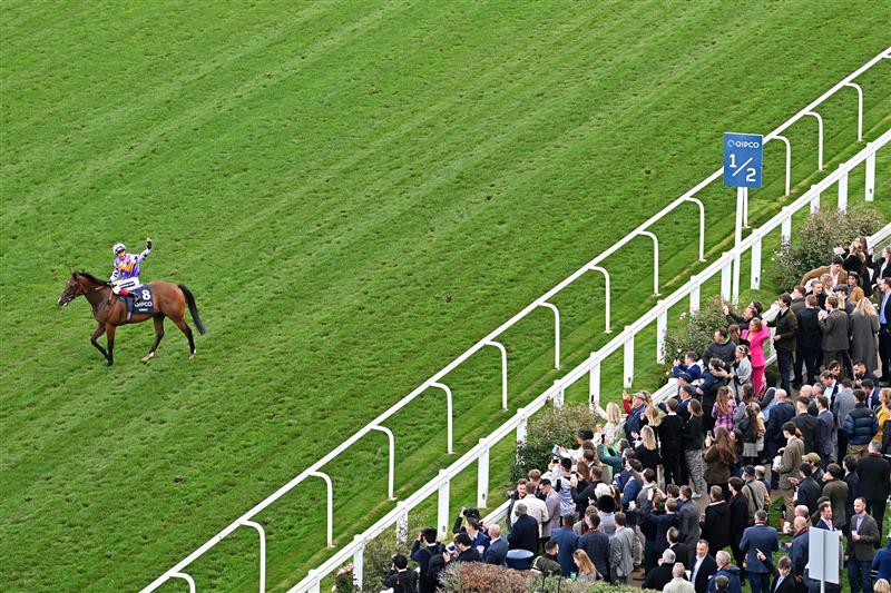 Italian jockey Frankie Dettori reacts in front of the grandstand on Kinross after victory in the British Champions Sprint Stakes on Qipco British Champions Day at Ascot Racecourse, west of London on October 15, 2022. - Champions day is the finale of the British flat racing season and the UK's richest raceday. (Photo by Glyn KIRK / AFP) (Photo by GLYN KIRK/AFP via Getty Images)