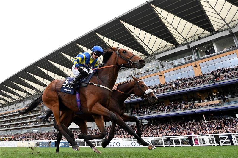 Jockey Hollie Doyle rides Trueshan (L) to victory over jockey David Probert on Coltrane in the Long Distance Cup on Qipco British Champions Day at Ascot Racecourse, west of London on October 15, 2022. - Champions day is the finale of the British flat racing season and the UK's richest raceday. (Photo by Glyn KIRK / AFP) (Photo by GLYN KIRK/AFP via Getty Images)