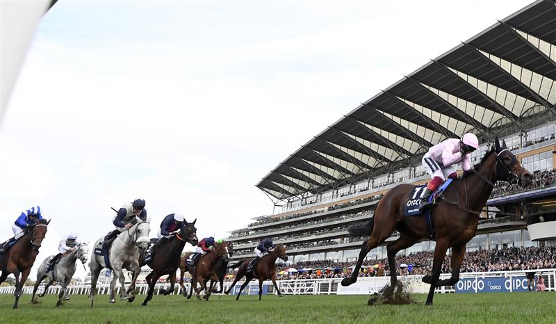 Italian jockey Frankie Dettori rides Emily Upjohn (R) to victory in the British Champions Fillies and Mares Stakes on Qipco British Champions Day at Ascot Racecourse, west of London on October 15, 2022. - Champions day is the finale of the British flat racing season and the UK's richest raceday. (Photo by Glyn KIRK / AFP) (Photo by GLYN KIRK/AFP via Getty Images)